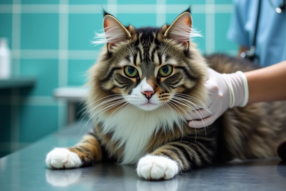Gros plan d'un chat norvégien aux poils denses examiné par un vétérinaire, illustrant l'étude des races hypoallergéniques à poils longs