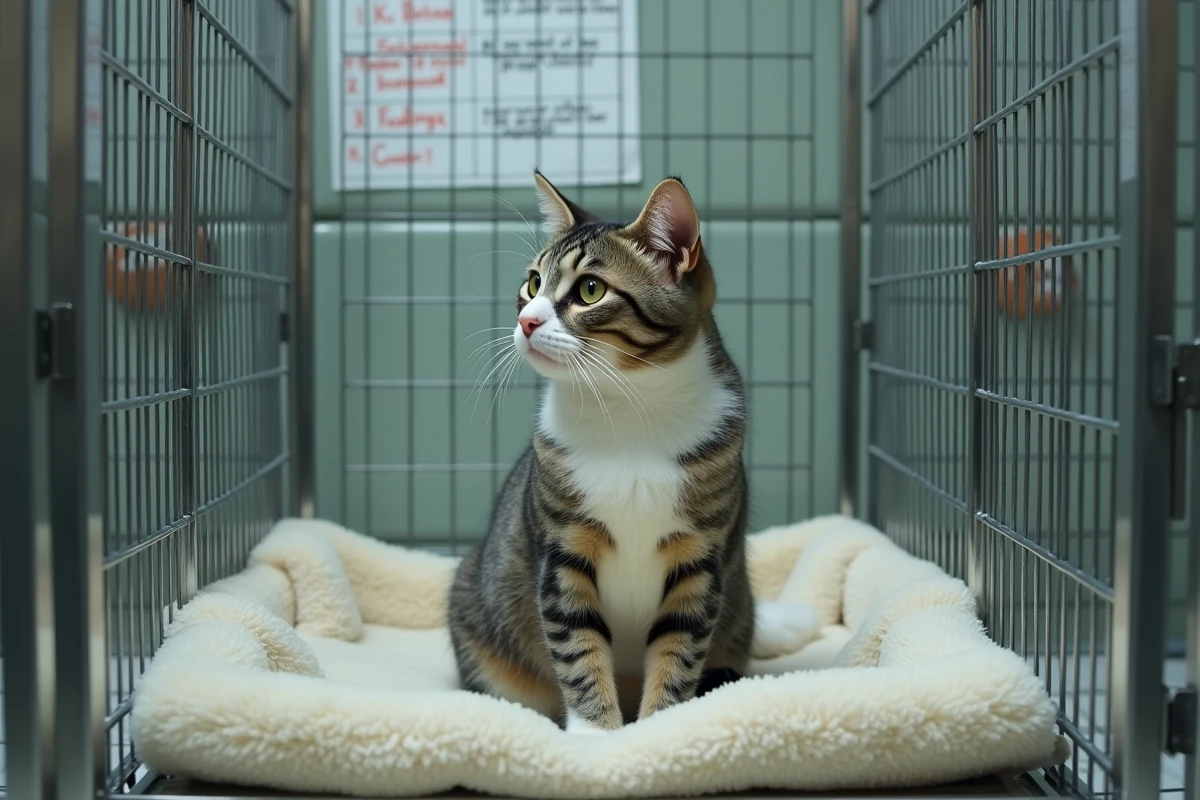 Chat gris et blanc attendant dans une cage propre et confortable au sein d'un refuge animalier après avoir été confié par son propriétaire
