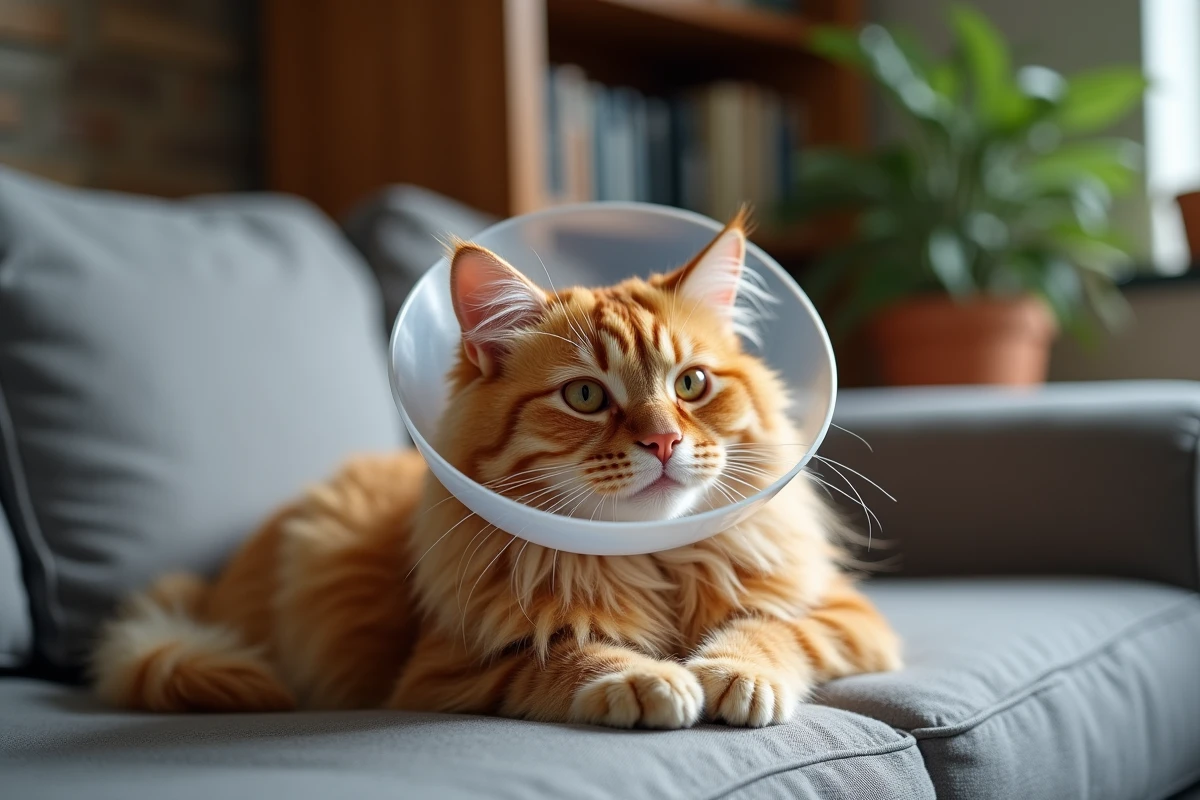 Chat roux à poils longs avec collerette transparente allongé sur un canapé gris