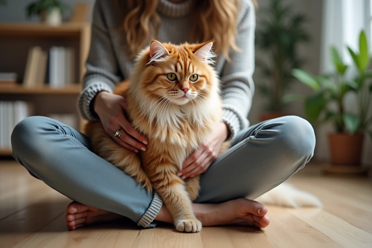 Femme caressant un chat sibérien aux poils volumineux dorés, race réputée hypoallergénique, dans un bureau à domicile épuré