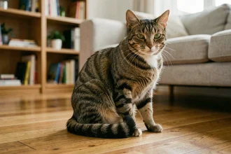 Chat tabby adulte montrant des signes de stress comportemental dans un appartement moderne