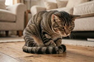 Chat tabby stressé recroquevillé sur un parquet en bois dans un salon, oreilles aplaties et queue serrée contre le corps, illustrant les signes de stress chez le chat