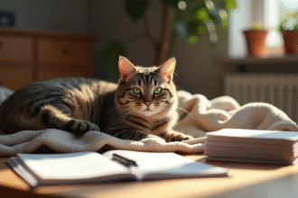 Chat tabby âgé avec yeux verts sur un plaid chaud