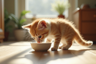 Chaton curieux avec pelage doux sniffant un bol de lait