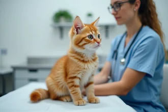 Chaton ginger calme sur table d'examen vétérinaire