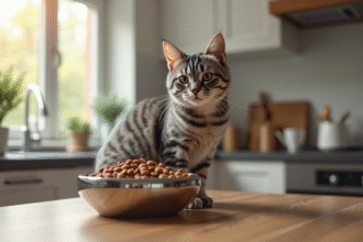 Chat gris heureux avec bol de nourriture humide pour chat