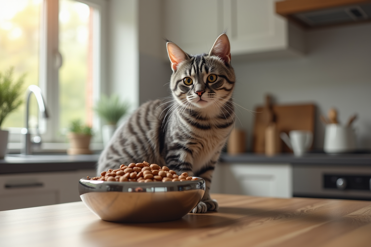 Chat gris heureux avec bol de nourriture humide pour chat