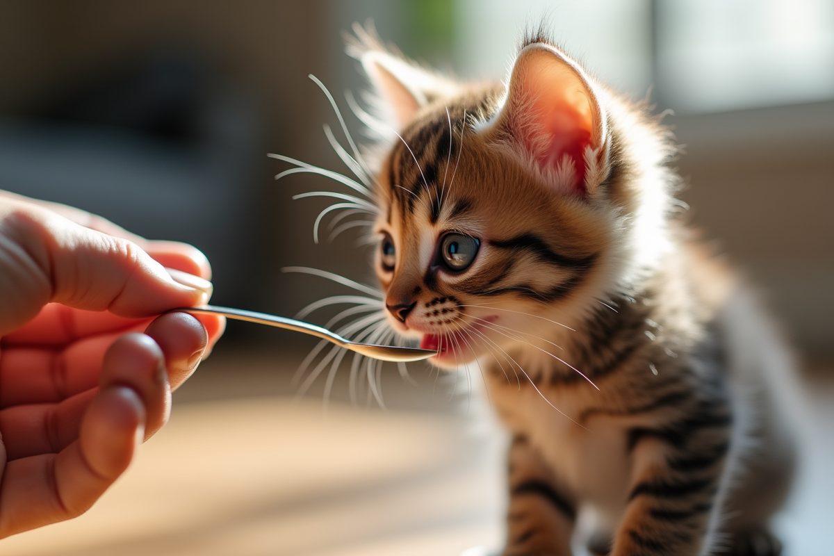Chaton being nourri à la cuillère par une main attentionnée