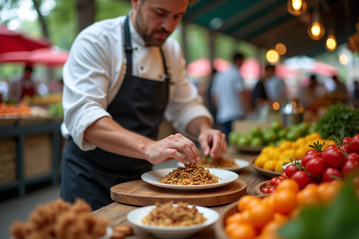 Chef en marché préparant un plat avec des vers de nourriture frais