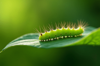 Chenille verte sur une feuille verte en gros plan