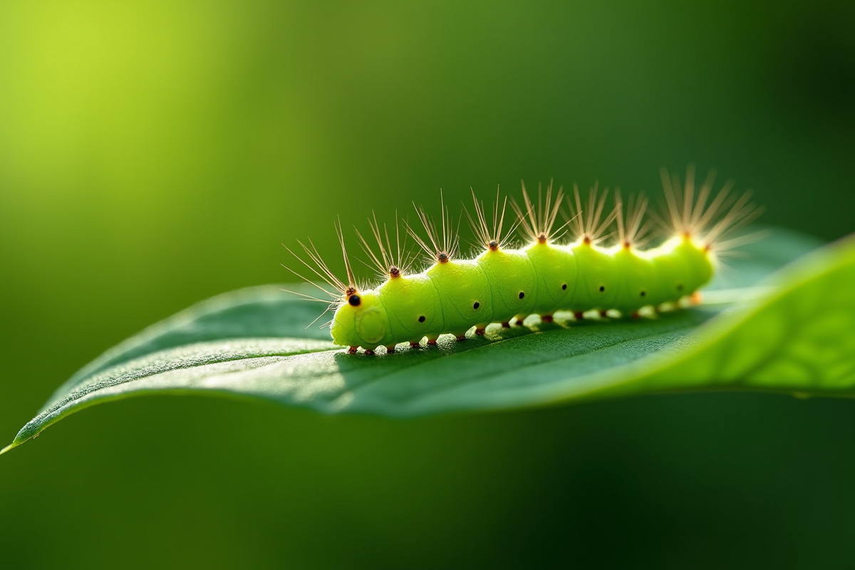Chenille verte sur une feuille verte en gros plan