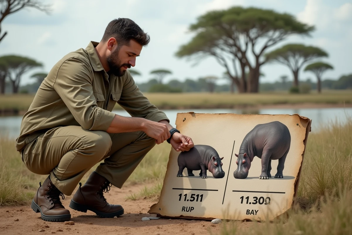 Chercheur examinant une empreinte de hippo près d