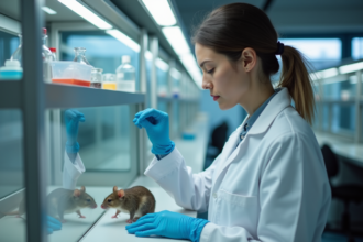 Scientifique observant une souris dans un laboratoire moderne