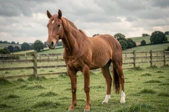 Cheval châtain âgé d'une vingtaine d'années dans un pâturage vert, avec des signes naturels de vieillissement visibles sur le museau et le pelage