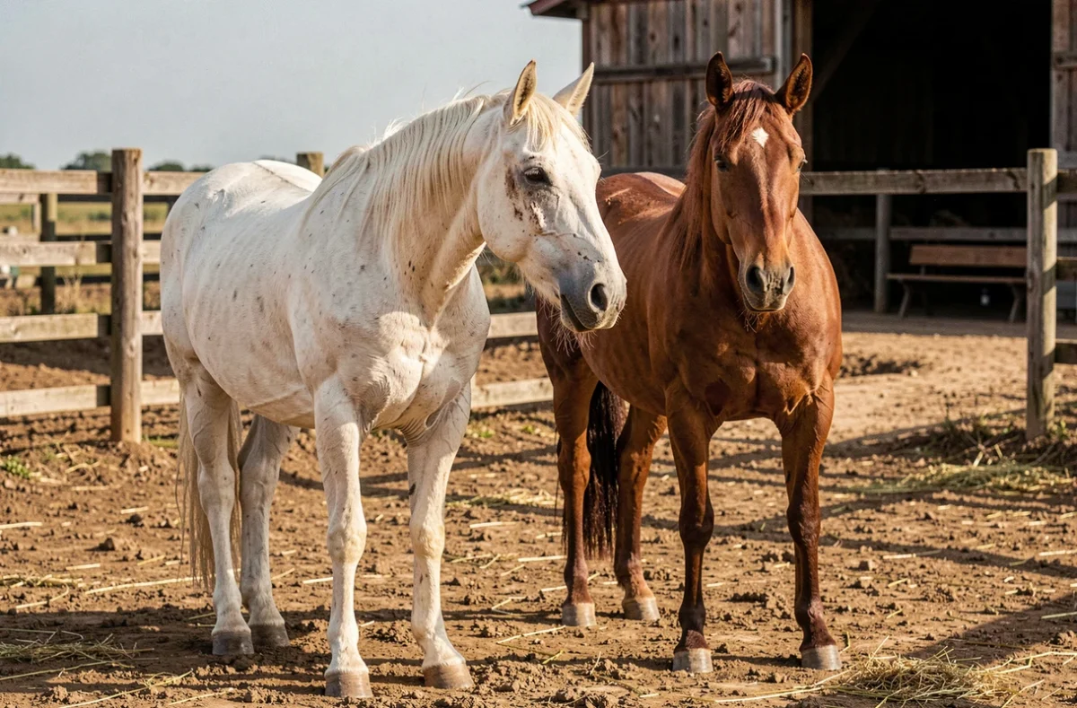 Cheval blanc âgé aux signes visibles de vieillissement comparé à un jeune cheval bai dans un paddock, illustrant les étapes de la vie équine