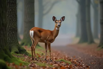 Chevreuil adulte en lisière de forêt de feuillus en automne, identifiable par sa petite taille et sa tache blanche sur le postérieur