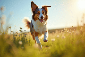 Chien australien joyeux courant dans un champ ensoleille