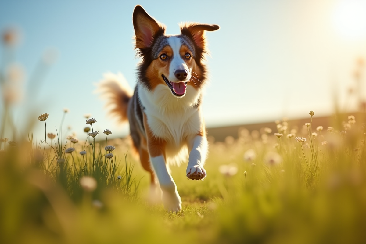 Chien australien joyeux courant dans un champ ensoleille