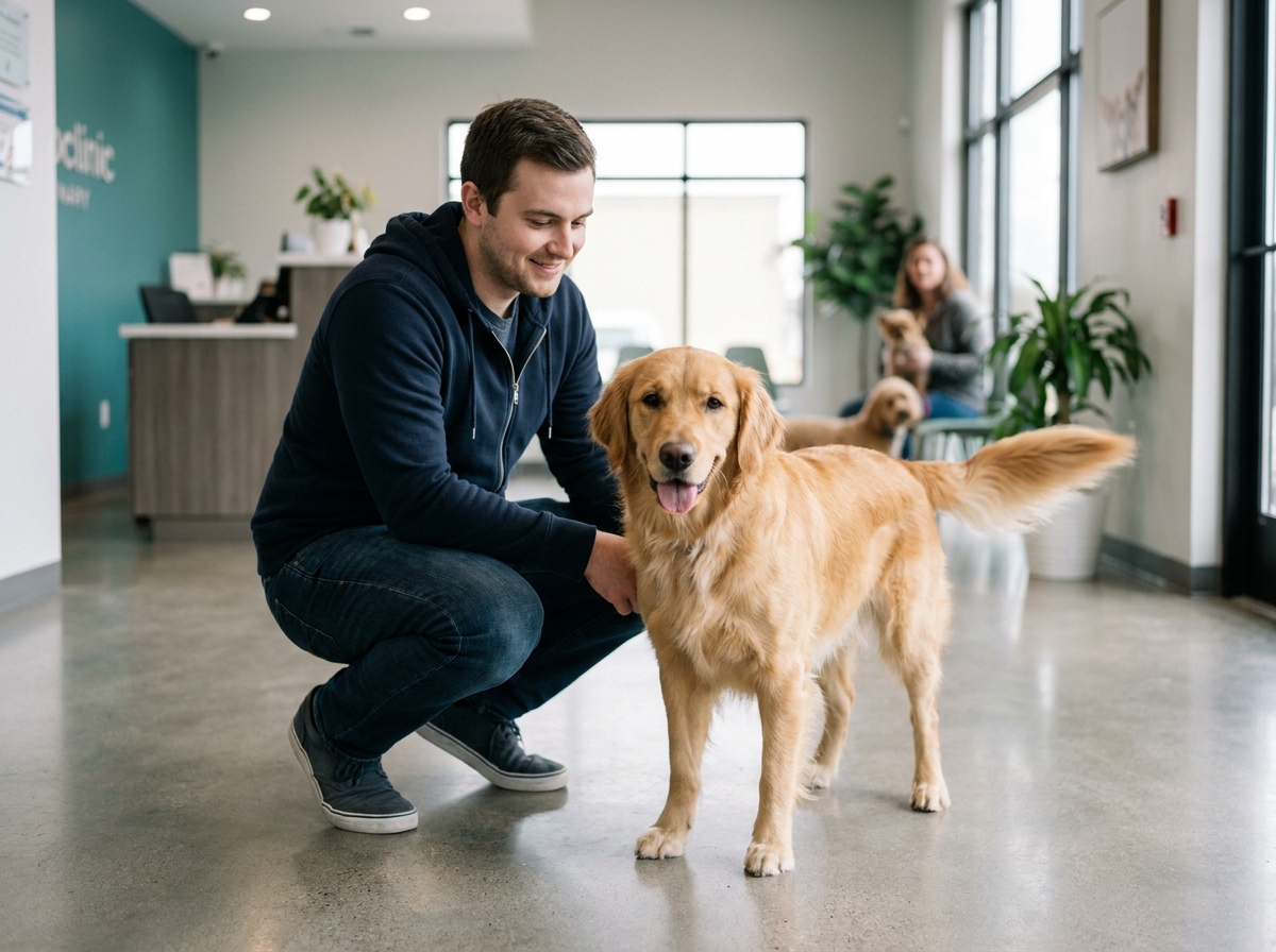 Jeune homme et golden retriever calme dans la salle d'attente d'un nouveau cabinet vétérinaire