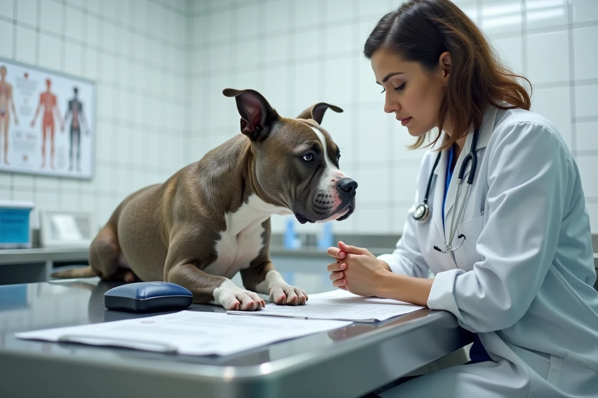 Vétérinaire vérifiant les documents réglementaires d'un chien de catégorie 3 en clinique vétérinaire