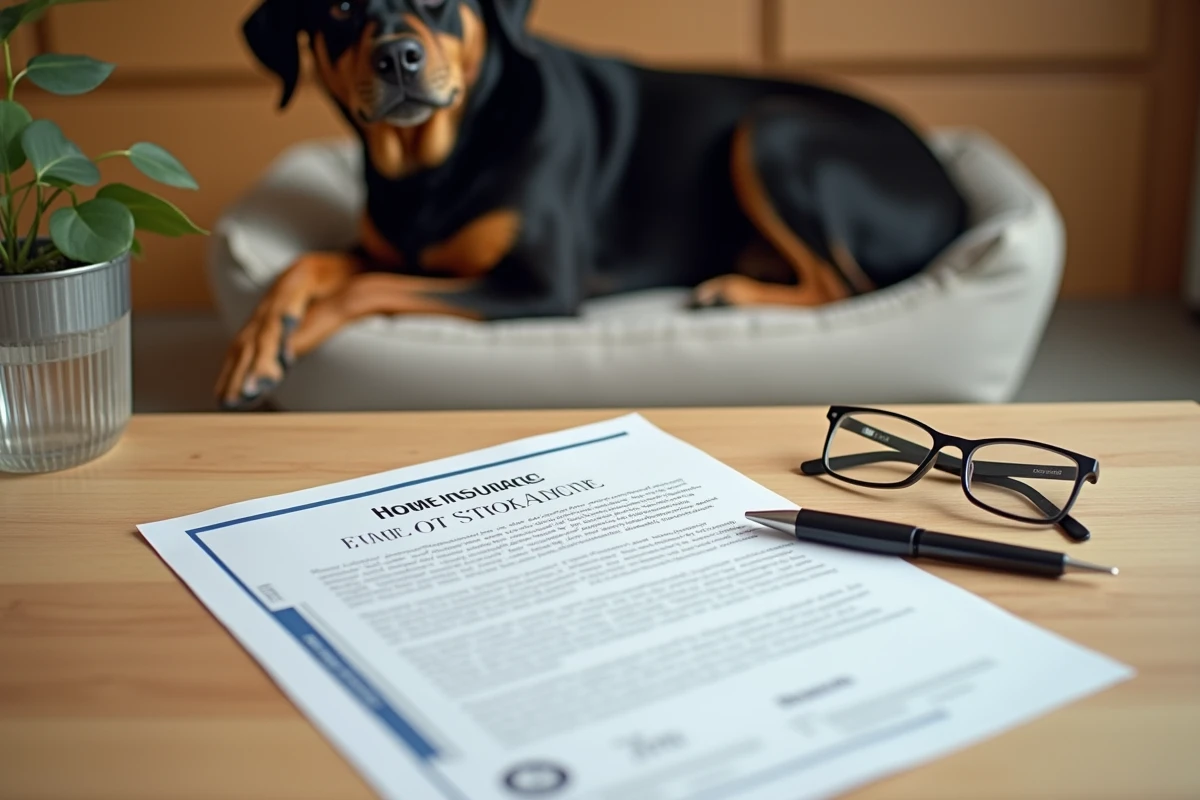 Documents d'assurance et certificats réglementaires pour chien de catégorie 3 posés sur un bureau avec le chien en arrière-plan