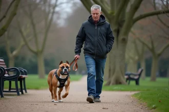 Propriétaire promenant un chien de catégorie 3 avec muselière et laisse réglementaire en milieu urbain