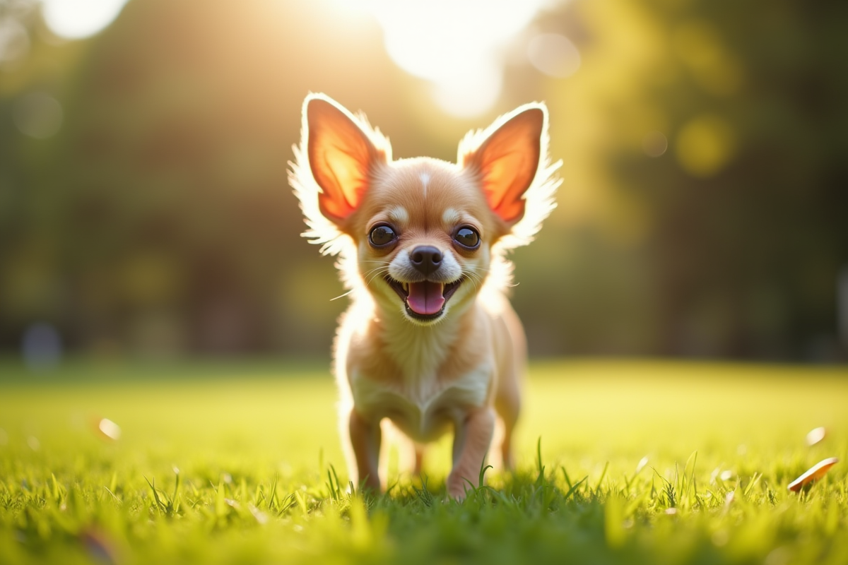 Chihuahua joueur aux grandes oreilles papillon en plein air