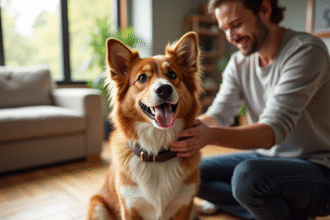 Chien heureux assis calmement avec son propriétaire ajustant un collier bien ajusté