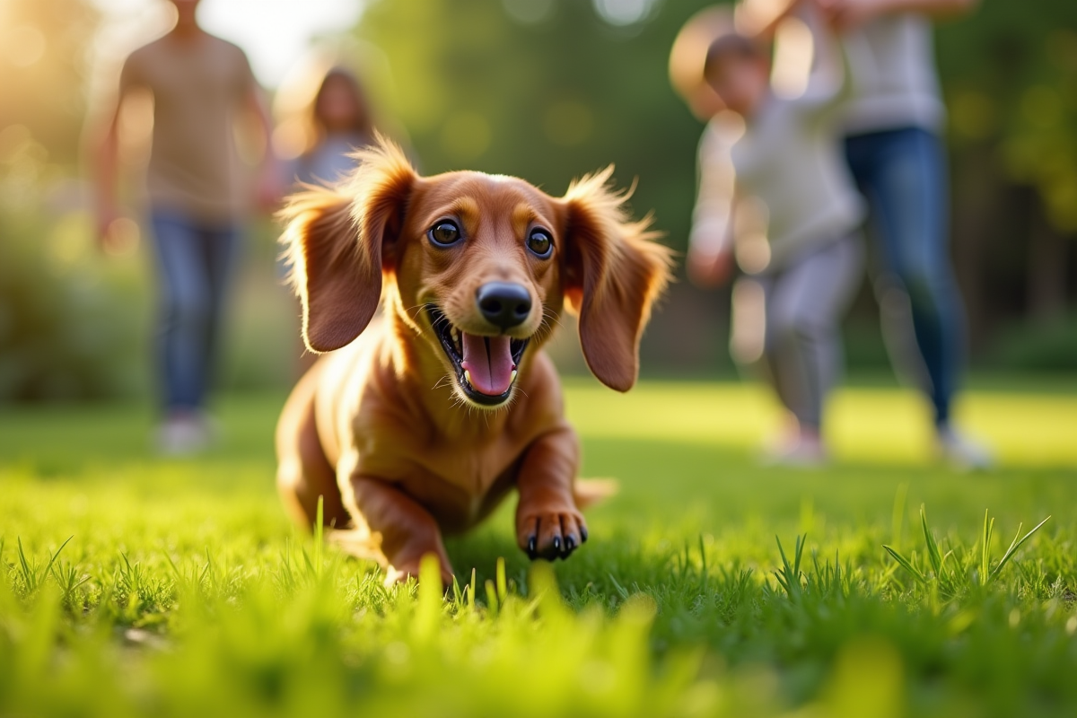 Dachshund jouant dans un jardin vert en famille