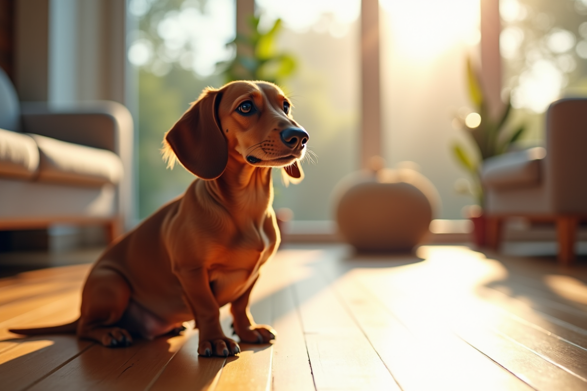 Dachshund assis sur un sol en bois dans un salon moderne