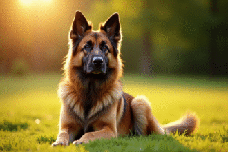 Chien croise berger allemand et Newfoundland dans un champ ensoleille