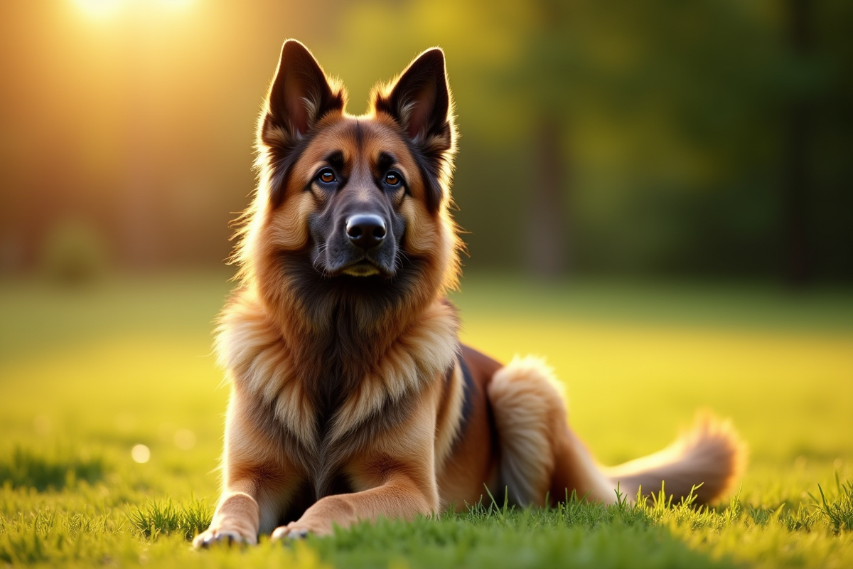Chien croise berger allemand et Newfoundland dans un champ ensoleille
