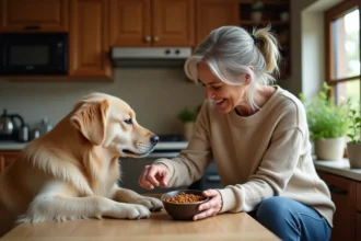 Chien Golden Retriever âgé avec femme dans une cuisine chaleureuse
