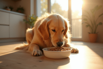 Chien golden retriever mangeant dans une cuisine lumineuse