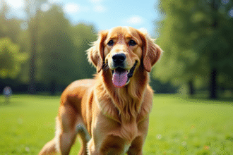 Golden retriever dans un parc vert en plein soleil