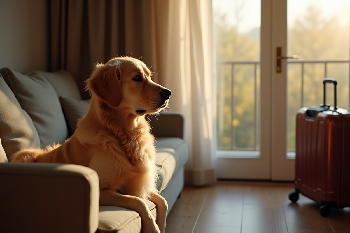 Golden retriever seul sur un canapé à la fenêtre