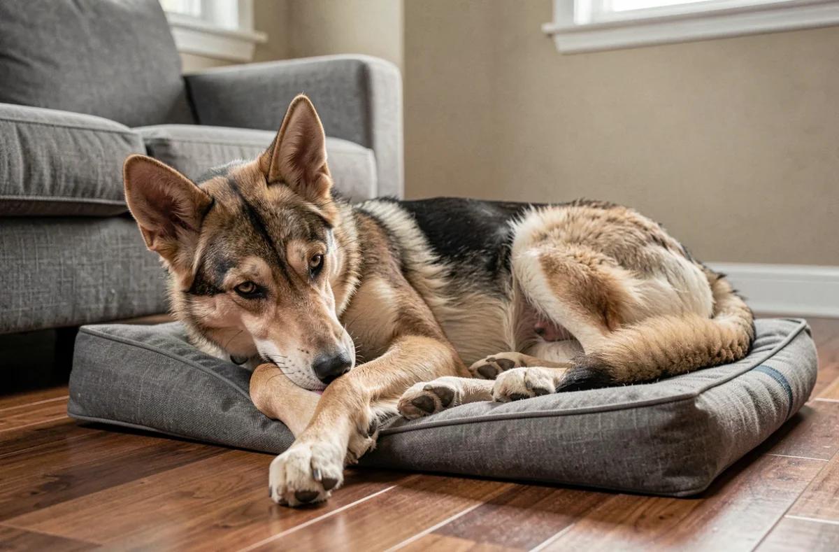 Chien croisement husky berger allemand se léchant la patte dans un intérieur domestique