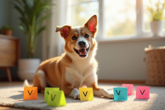 Chien joueur dans un salon lumineux avec notes colorées