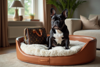 Bouledogue français sur un lit design avec sac Louis Vuitton