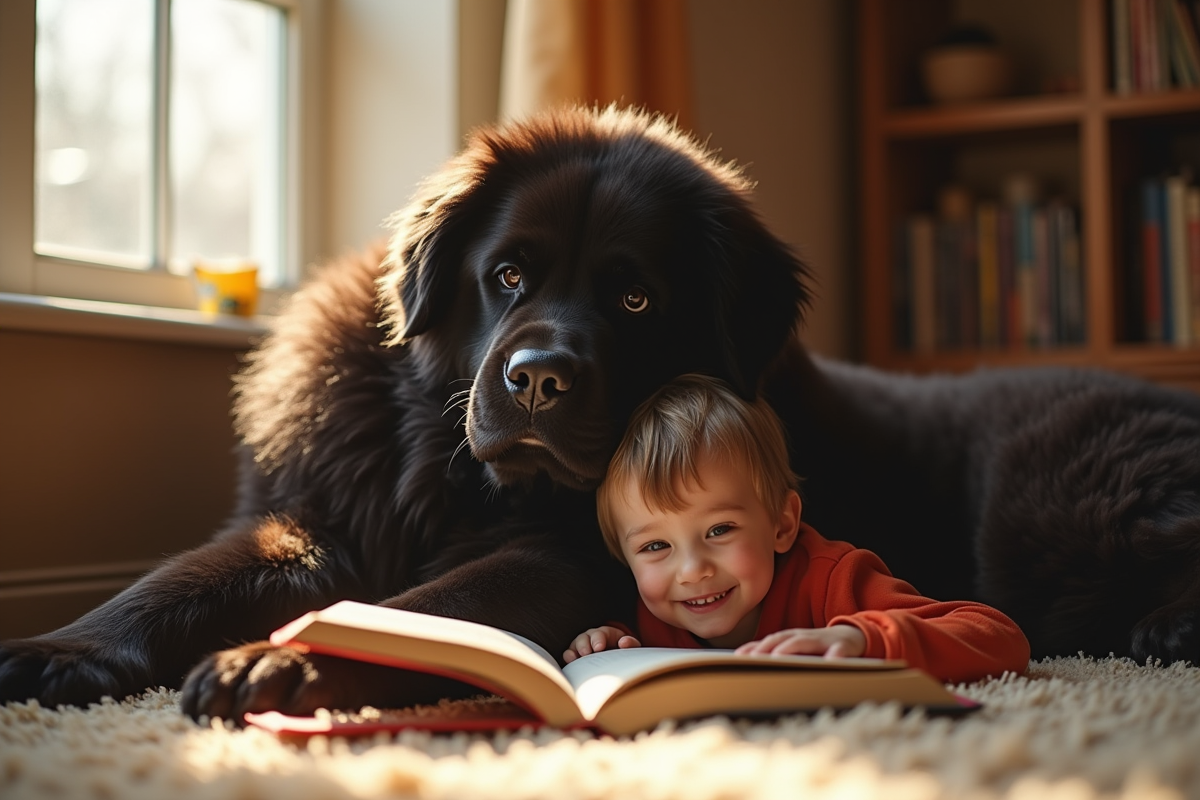 Chien Newfoundland avec un enfant lisant un livre à la maison