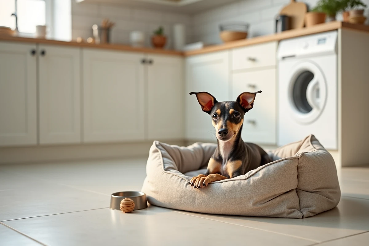 Petit chien à poil court allongé sur son panier dans une cuisine moderne, conseils matériels pour bien préparer sa première adoption