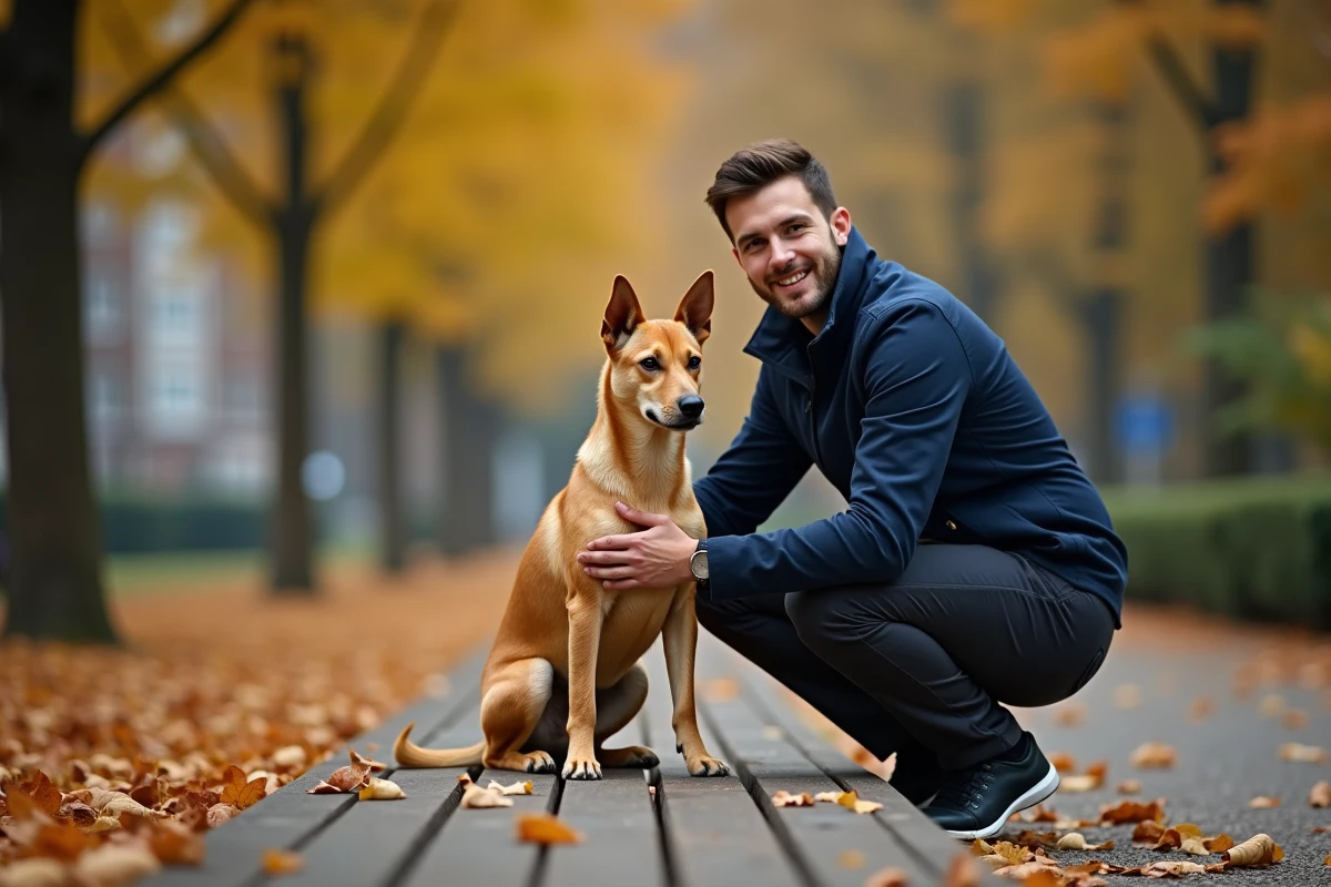 Homme et petit chien à poil court assis sur un banc dans un parc en automne, illustration d'une première adoption réussie