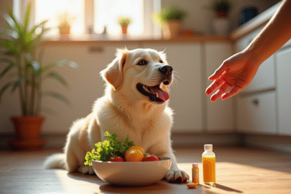 Chien heureux assis sur le sol de cuisine avec légumes et vitamines