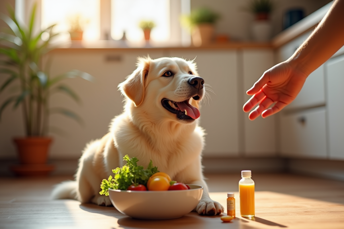 Chien heureux assis sur le sol de cuisine avec légumes et vitamines