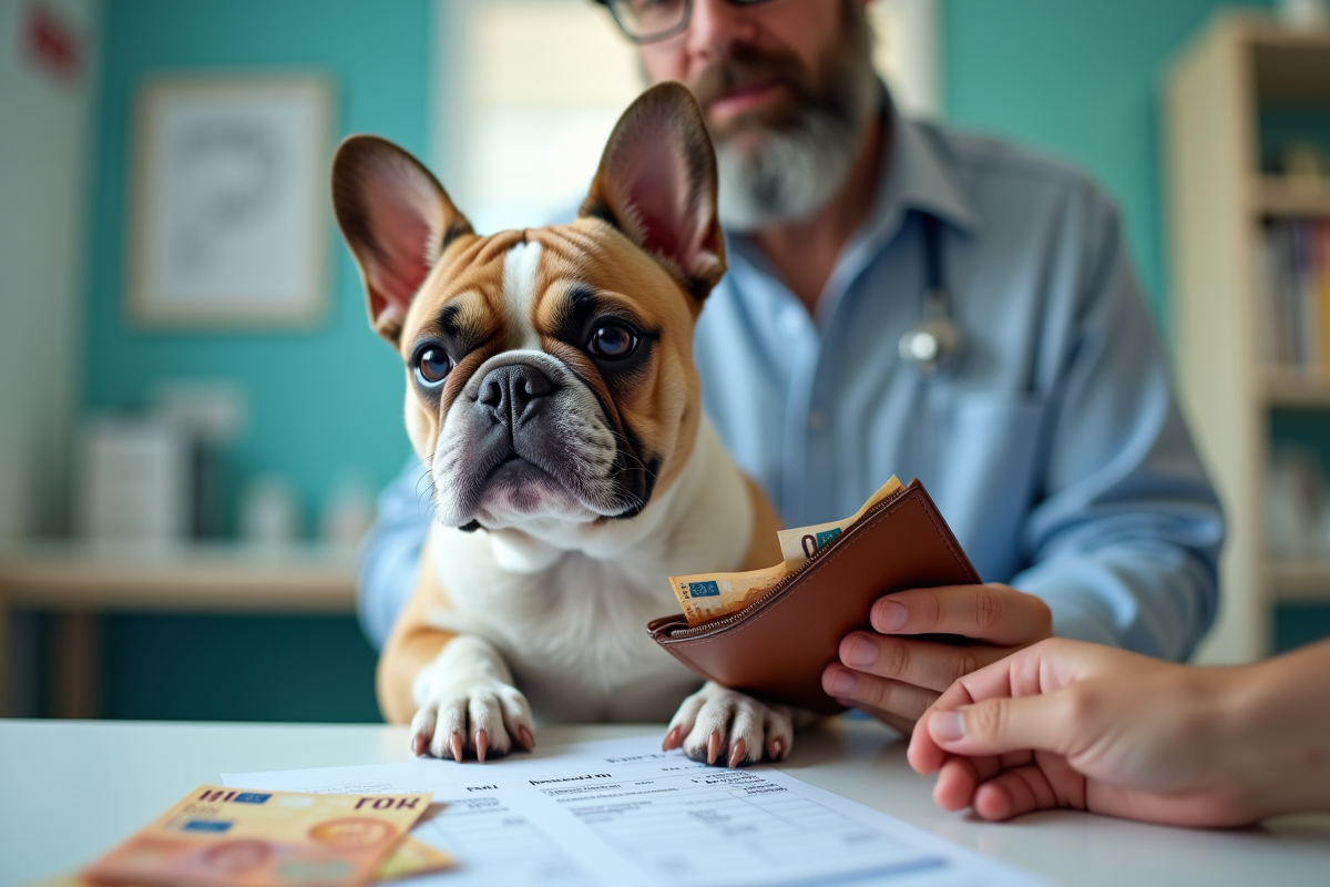 Bouledogue français à la clinique vétérinaire avec facture et argent