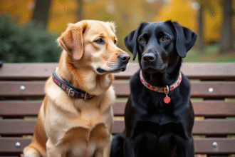 Deux chiens assis côte à côte sur un banc en automne
