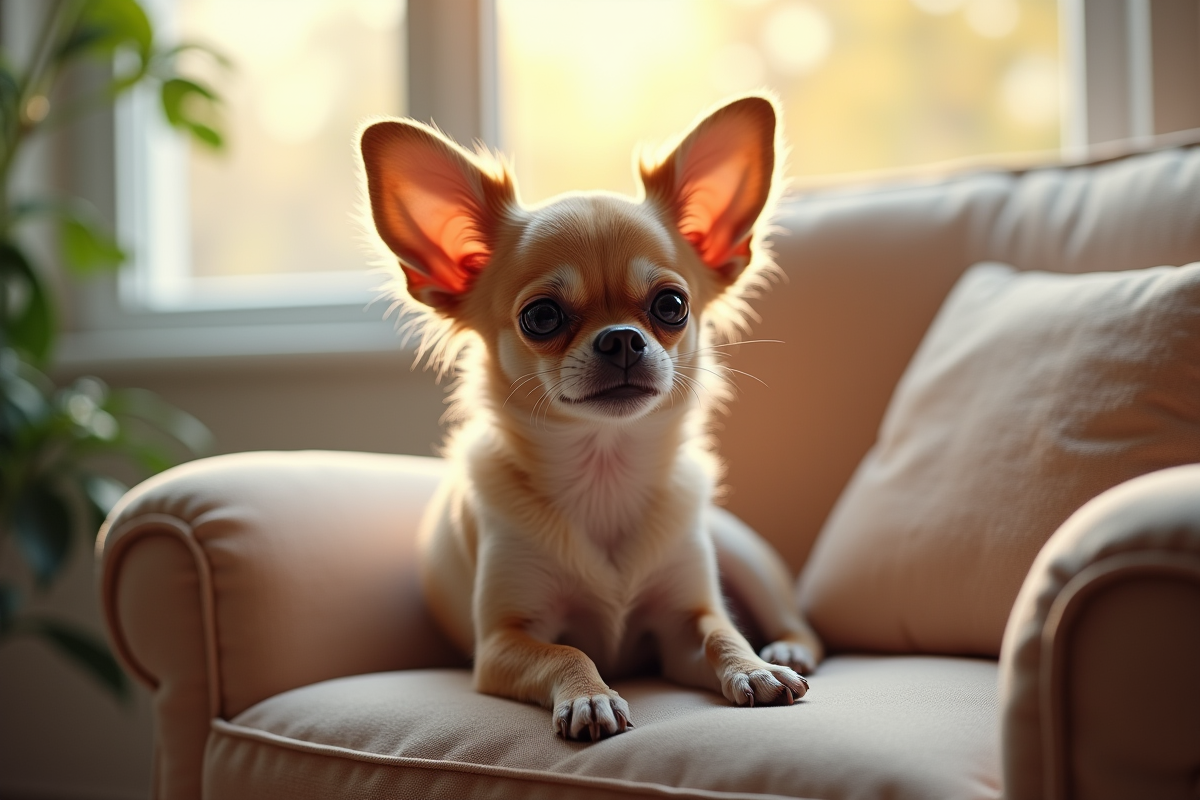 Chihuahua paisible assis dans un fauteuil près d