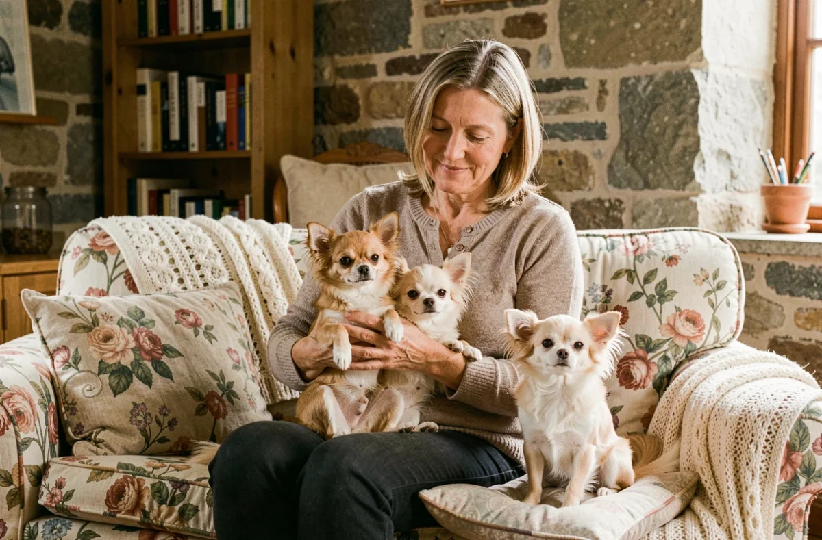 Une femme tenant deux minuscules Chihuahuas dans un salon breton chaleureux à Plénée-Jugon, illustrant l'élevage familial déclaré de Chihuahuas
