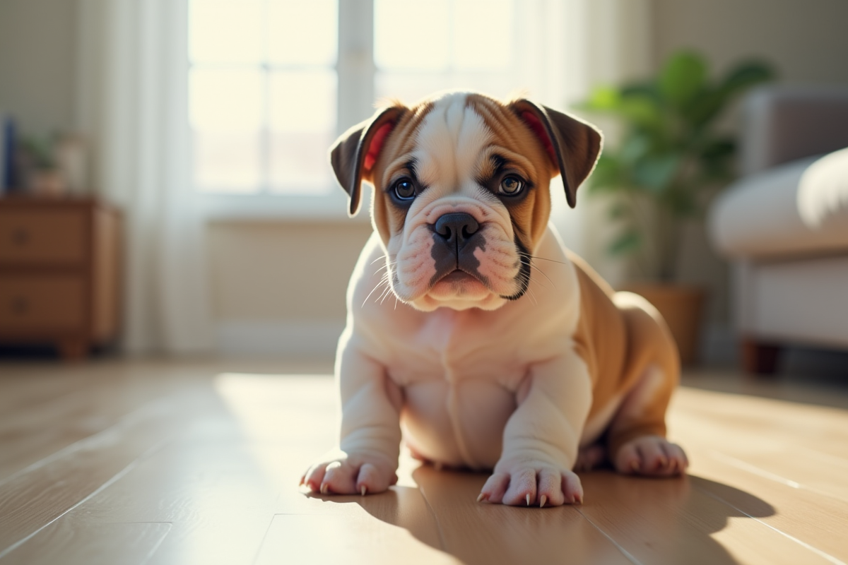 Chiot American Bulldog assis dans un salon lumineux