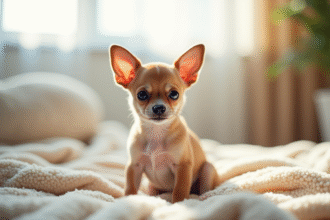 Jeune chiot chihuahua assis sur une couverture beige lumineuse